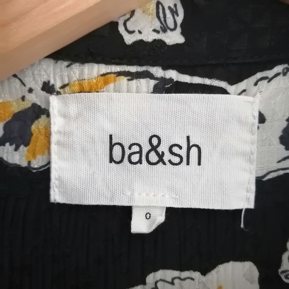 Ba&Sh Una Plisse Pleated Floral Button Up Black w Cream Yellow Flowers XS - Picture 9 of 16